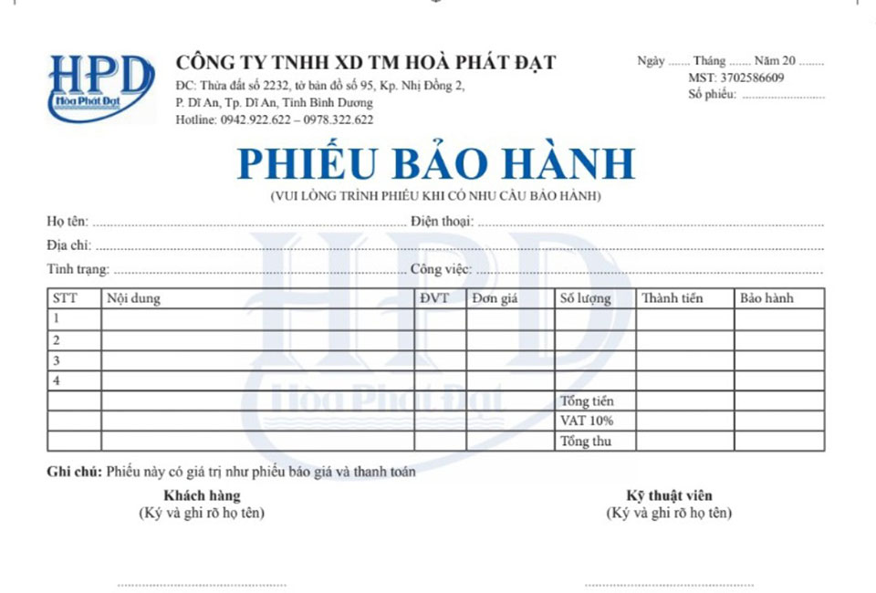 Hình ảnh: Mẫu phiếu bảo hành công ty Hoà Phát Đạt